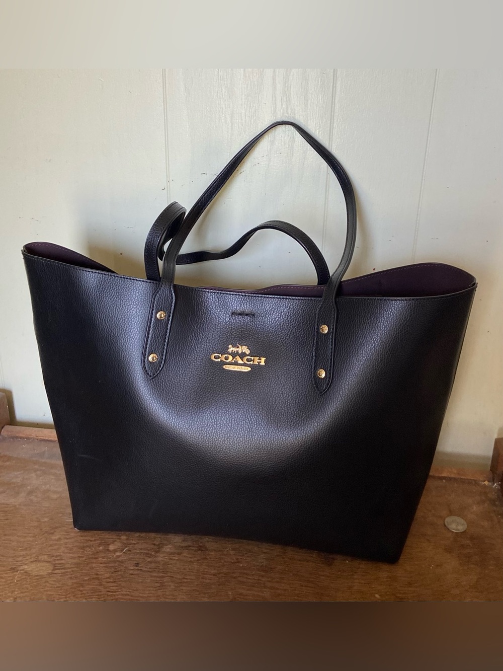 Coach Town Tote Black Pebbled Leather Tote with Gold Tone Logo Excellent Cond